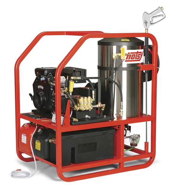 self-contained roll cage hot water pressure washer which is gas powered and oil-fired