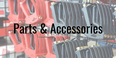 Rack of nozzles for pressure washers with text overlay reading Parts & Accessories
